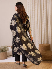 Black Printed Straight Kurta Trousers With Dupatta Set