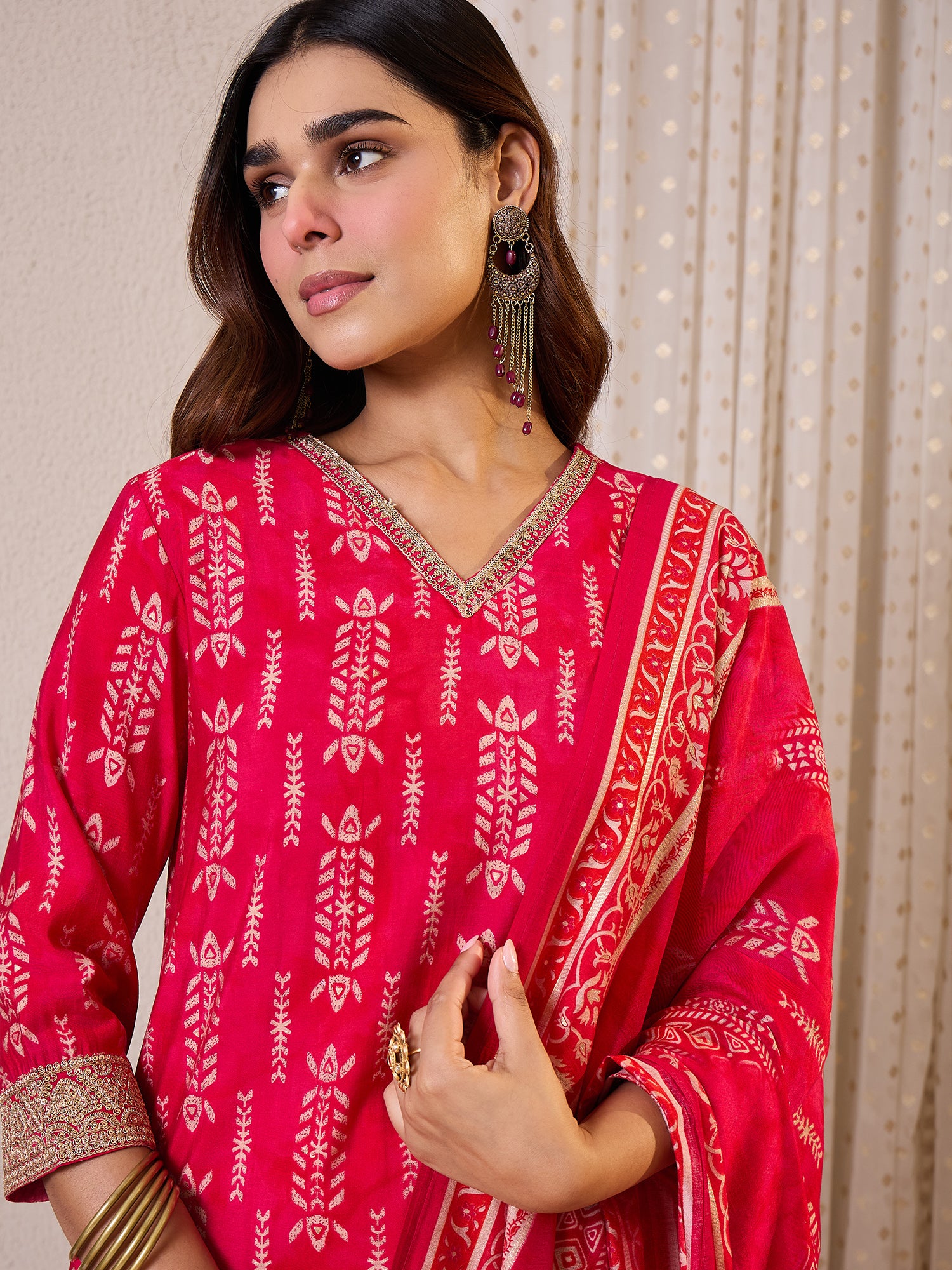 Red Printed Straight Kurta Trousers With Dupatta Set