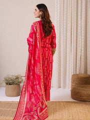 Red Printed Straight Kurta Trousers With Dupatta Set