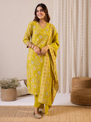 Olive Printed Straight Kurta Trousers With Dupatta Set
