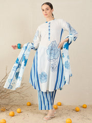 White Printed A-Line Kurta Trousers With Dupatta Set