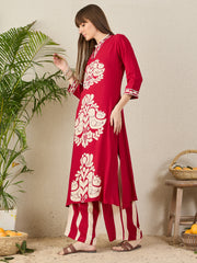 Maroon Printed Straight Kurta Palazzos Set