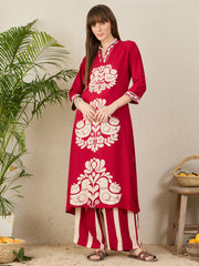 Maroon Printed Straight Kurta Palazzos Set
