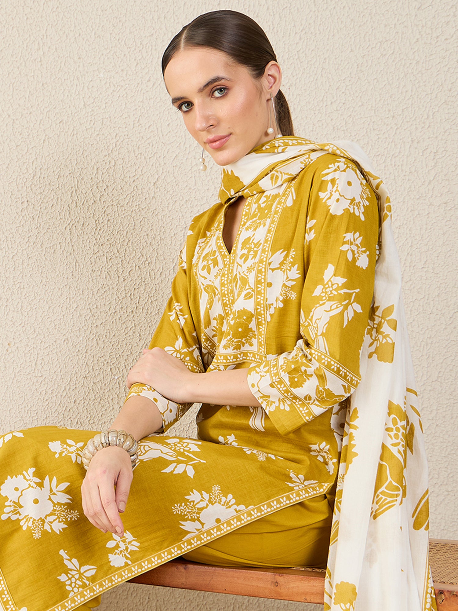 Yellow Printed Straight Kurta Trousers With Dupatta Set