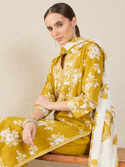 Yellow Printed Straight Kurta Trousers With Dupatta Set