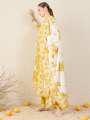 Yellow Printed Straight Kurta Trousers With Dupatta Set