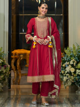Maroon Embroidered A-Line Kurta Trousers With Dupatta set