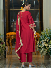 Maroon Embroidered A-Line Kurta Trousers With Dupatta set