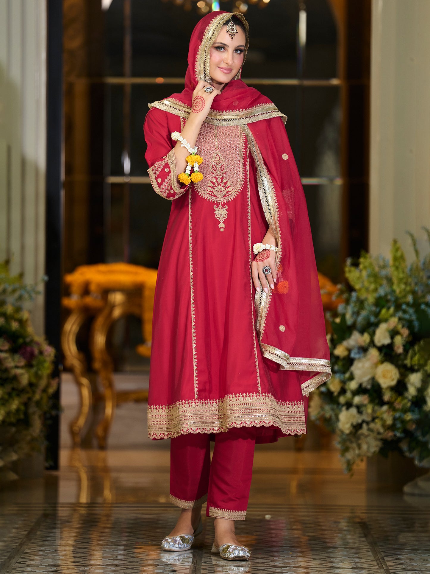 Maroon Embroidered A-Line Kurta Trousers With Dupatta set