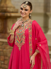Pink Embroidered A-Line Kurta Trousers With Dupatta set