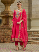 Pink Embroidered A-Line Kurta Trousers With Dupatta set