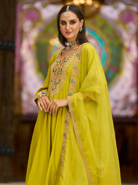 Yellow Embroidered A-Line Kurta Trousers With Dupatta set
