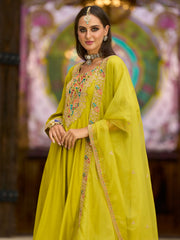 Yellow Embroidered A-Line Kurta Trousers With Dupatta set