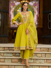Yellow Embroidered A-Line Kurta Trousers With Dupatta set