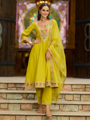 Yellow Embroidered A-Line Kurta Trousers With Dupatta set