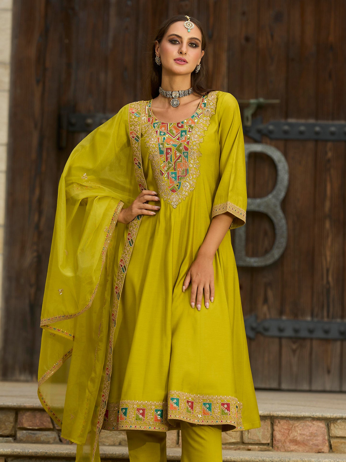 Yellow Embroidered A-Line Kurta Trousers With Dupatta set