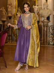 Purple Embroidered A-Line Kurta Trousers With Dupatta set