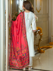 White Embroidered Straight Kurta Trousers With Dupatta set