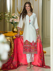 White Embroidered Straight Kurta Trousers With Dupatta set