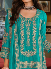 Indo Era - Teal Embroidered Straight Kurta Palazzos With Dupatta set (Copy)
