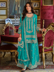Indo Era - Teal Embroidered Straight Kurta Palazzos With Dupatta set (Copy)
