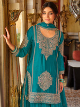 Teal Embroidered Straight Kurta Palazzos With Dupatta set