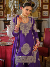 Purple Embroidered Straight Kurta Palazzos With Dupatta set