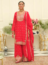 Red Embroidered Straight Kurta Palazzos With Dupatta set