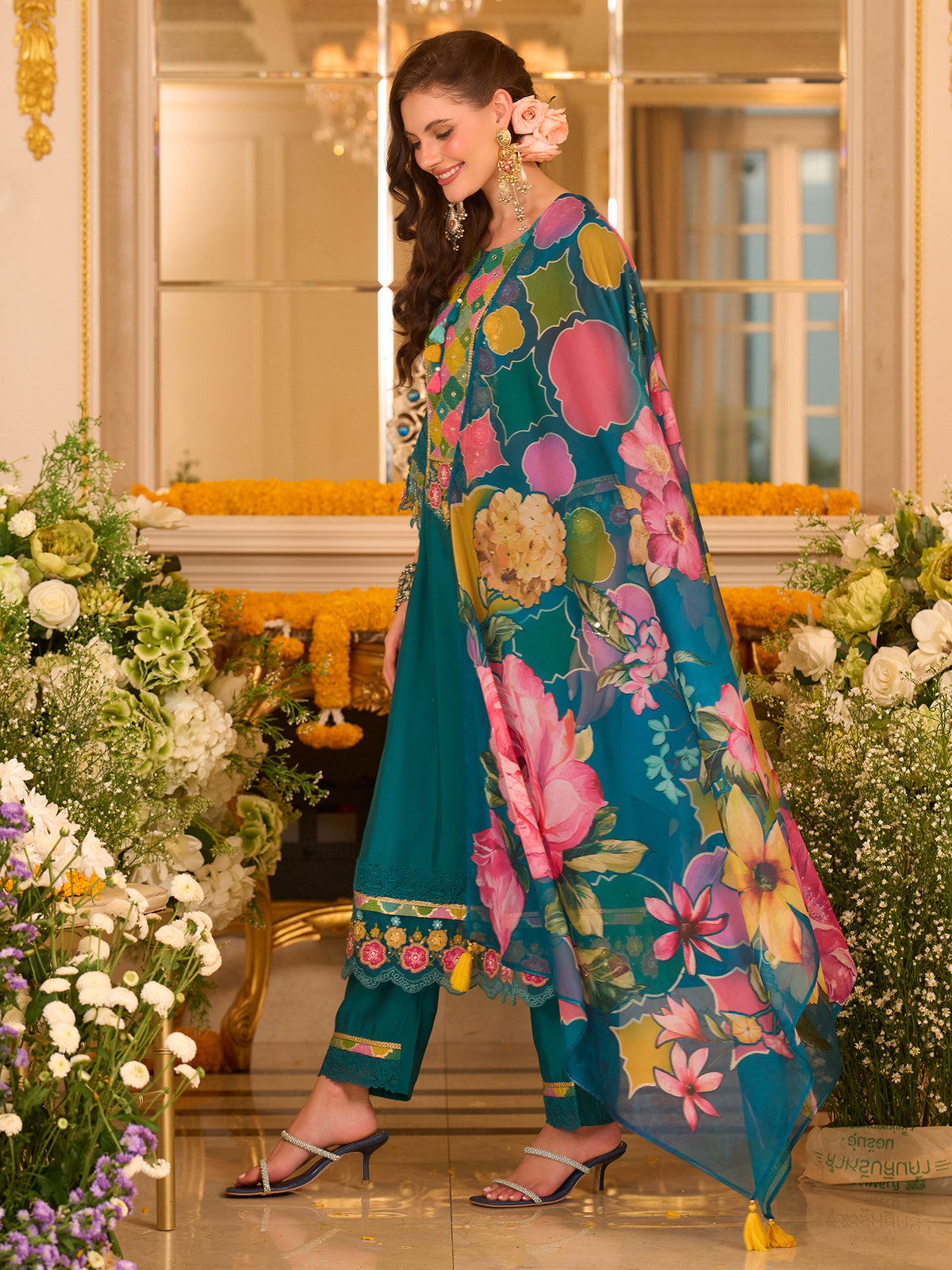 Teal Embroidered A-Line Kurta Trousers With Dupatta set-KH9TL12377