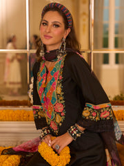 Black Embroidered A-Line Kurta Trousers With Dupatta set
