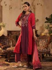 Pink Embroidered Straight Kurta Trousers With Dupatta Set