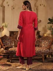Pink Embroidered Straight Kurta Trousers With Dupatta Set