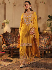 Mustard Embroidered Straight Kurta Palazzos With Dupatta Set