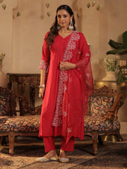 Pink Embroidered A-Line Kurta Trousers With Dupatta Set