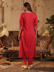 Pink Embroidered A-Line Kurta Trousers With Dupatta Set