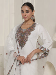 Off White Embroidered Straight Kurta Trousers With Dupatta Set