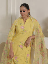 Yellow Embroidered Straight Kurta Trousers With Dupatta Set