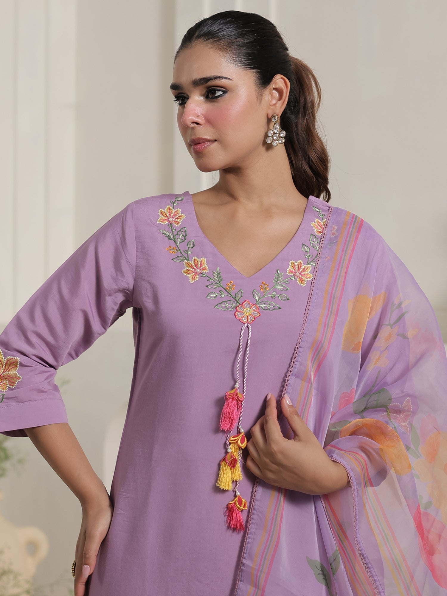 Lavender Embroidered Straight Kurta Trousers With Dupatta Set