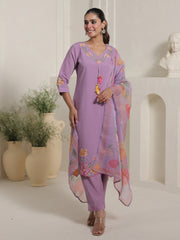 Lavender Embroidered Straight Kurta Trousers With Dupatta Set
