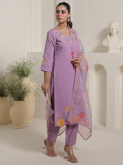 Lavender Embroidered Straight Kurta Trousers With Dupatta Set