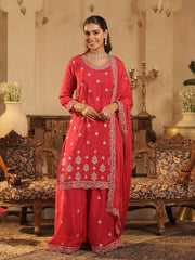 Pink Embroidered Straight Kurta Palazzos With Dupatta Set