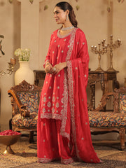 Pink Embroidered Straight Kurta Palazzos With Dupatta Set