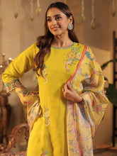 Yellow Embroidered Straight Kurta Trousers With Dupatta Set
