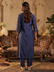 Blue Embroidered Straight Kurta Trousers With Dupatta Set