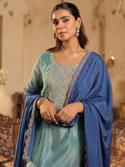Sea Green Printed Straight Kurta Trousers With Dupatta set