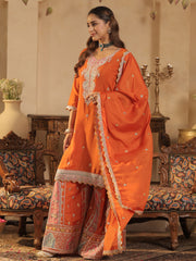 Orange Embroidered Straight Kurta Palazzos With Dupatta Set