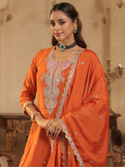 Orange Embroidered Straight Kurta Palazzos With Dupatta Set