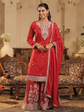 Maroon Embroidered Straight Kurta Palazzos With Dupatta Set
