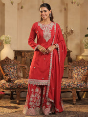 Maroon Embroidered Straight Kurta Palazzos With Dupatta Set