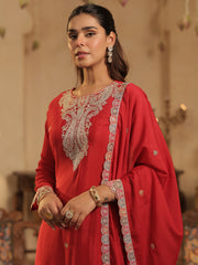 Maroon Embroidered Straight Kurta Palazzos With Dupatta Set